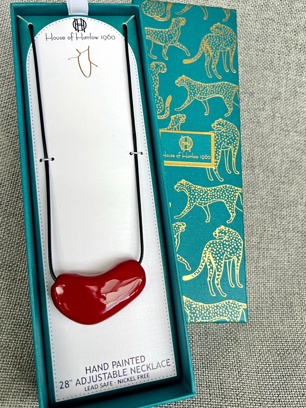 House of Harlow 1960 Hand painted HEART 28” adjustable slider necklace red blac